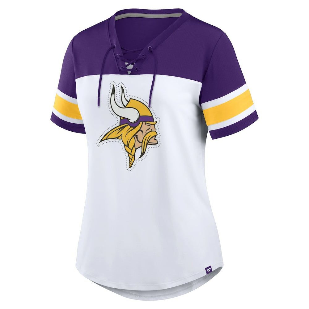 Fanatics Minnesota Vikings Women's Athena Rhinestone Lace-Up V-Neck T-Shirt White/Purple