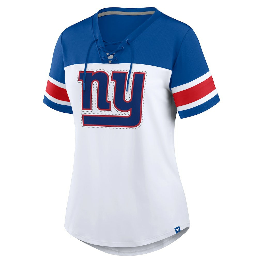 Fanatics New York Giants Women's Athena Rhinestone Lace-Up V-Neck T-Shirt White/Royal