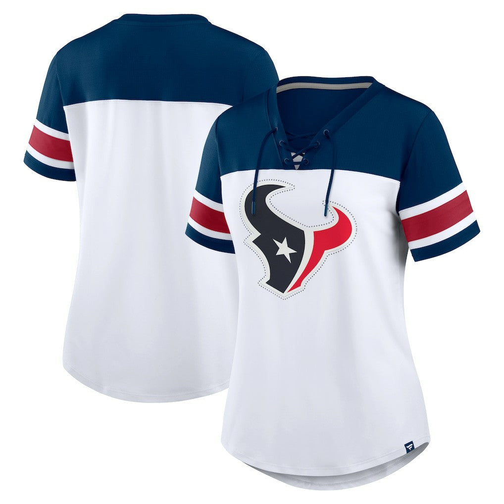 Fanatics Houston Texans Women's Athena Rhinestone Lace-Up V-Neck T-Shirt White/Navy