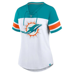 Fanatics Miami Dolphins Women's Athena Rhinestone Lace-Up V-Neck T-Shirt White/Aqua