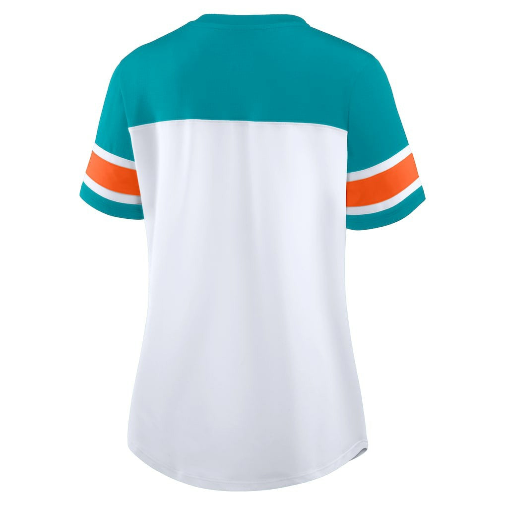 Fanatics Miami Dolphins Women's Athena Rhinestone Lace-Up V-Neck T-Shirt White/Aqua