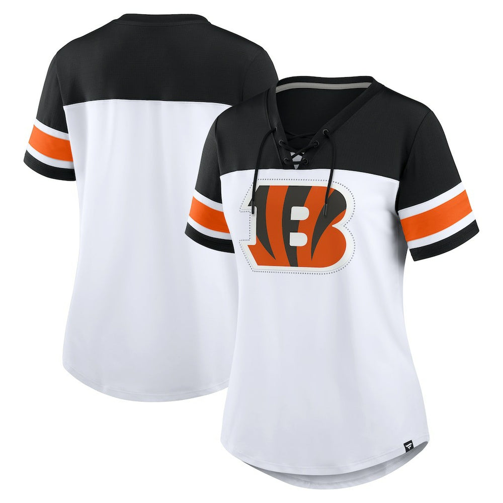 Fanatics Cincinnati Bengals Women's Athena Rhinestone Lace-Up V-Neck T-Shirt White/Black