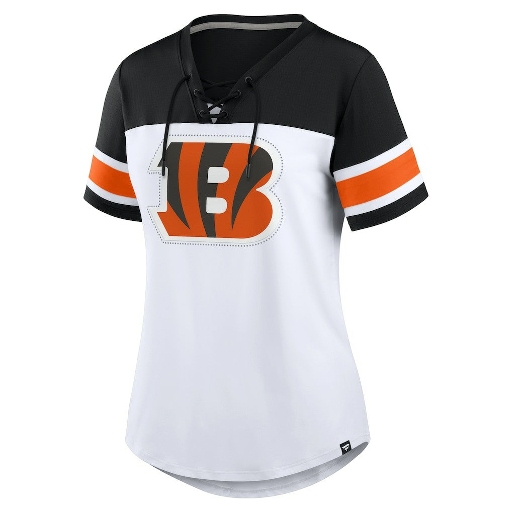 Fanatics Cincinnati Bengals Women's Athena Rhinestone Lace-Up V-Neck T-Shirt White/Black