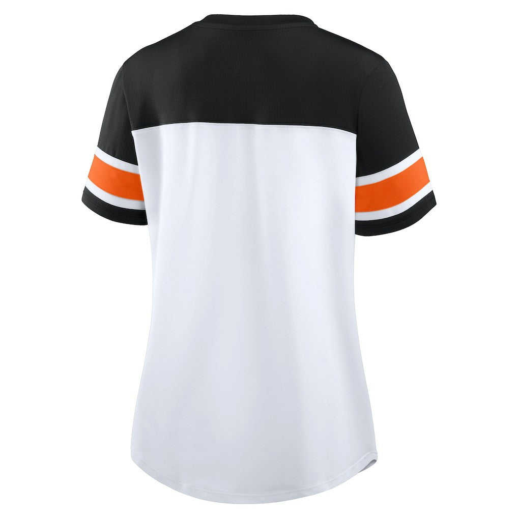Fanatics Cincinnati Bengals Women's Athena Rhinestone Lace-Up V-Neck T-Shirt White/Black