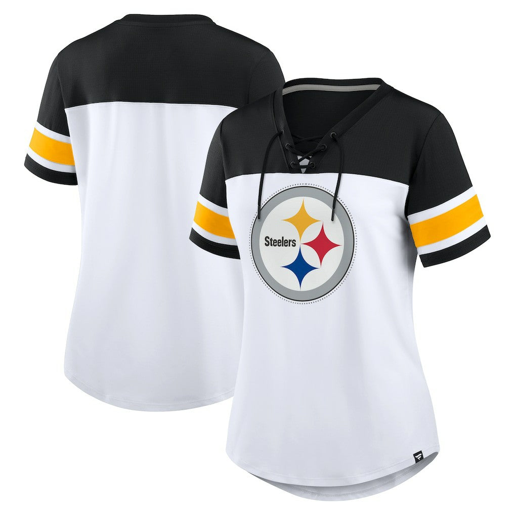 Fanatics Pittsburgh Steelers Women's Athena Rhinestone Lace-Up V-Neck T-Shirt White/Black