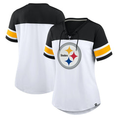Fanatics Pittsburgh Steelers Women's Athena Rhinestone Lace-Up V-Neck T-Shirt White/Black