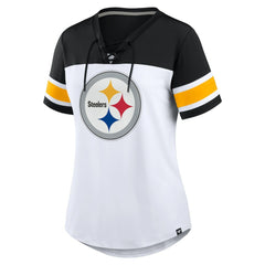 Fanatics Pittsburgh Steelers Women's Athena Rhinestone Lace-Up V-Neck T-Shirt White/Black