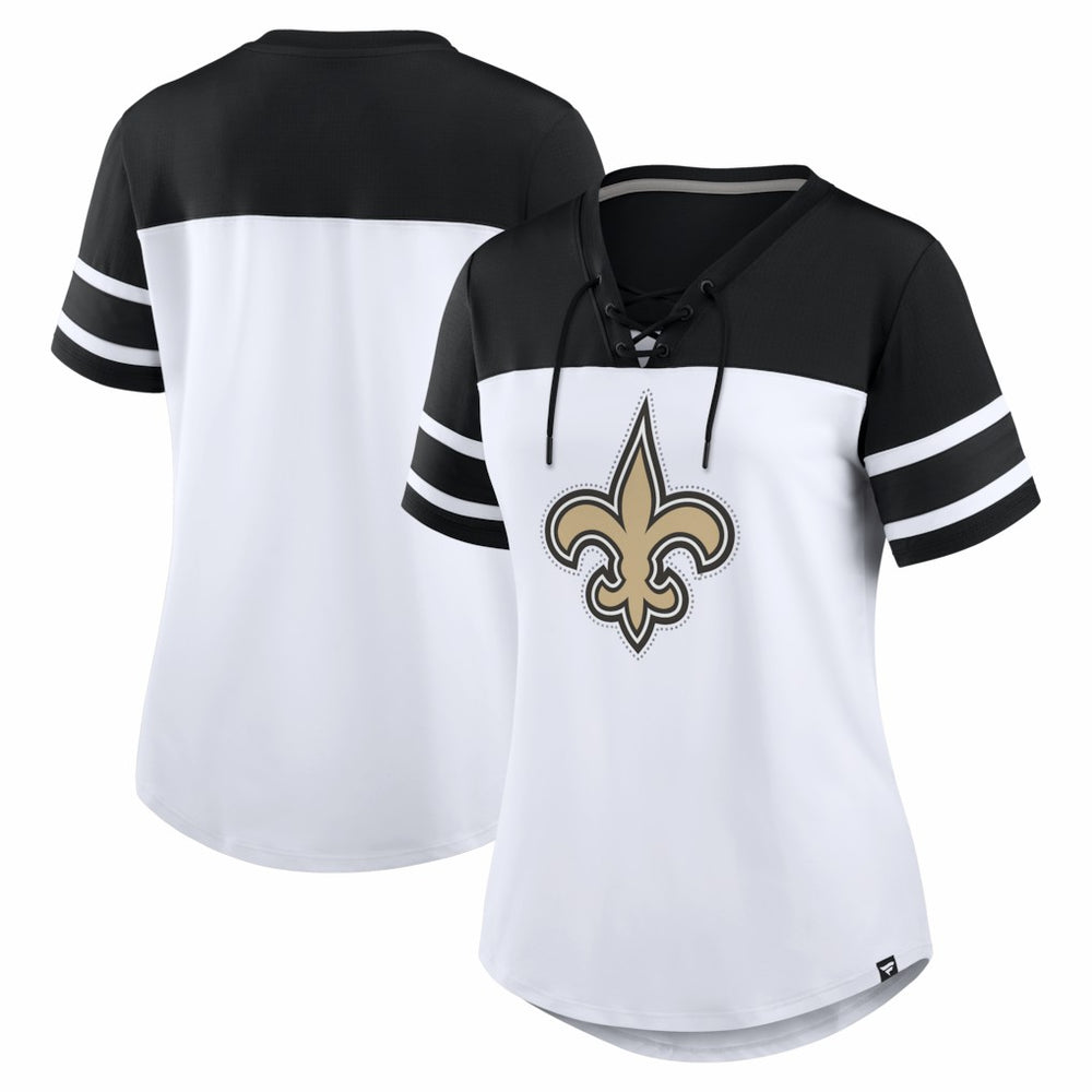 Fanatics New Orleans Saints Women's Athena Rhinestone Lace-Up V-Neck T-Shirt White/Black