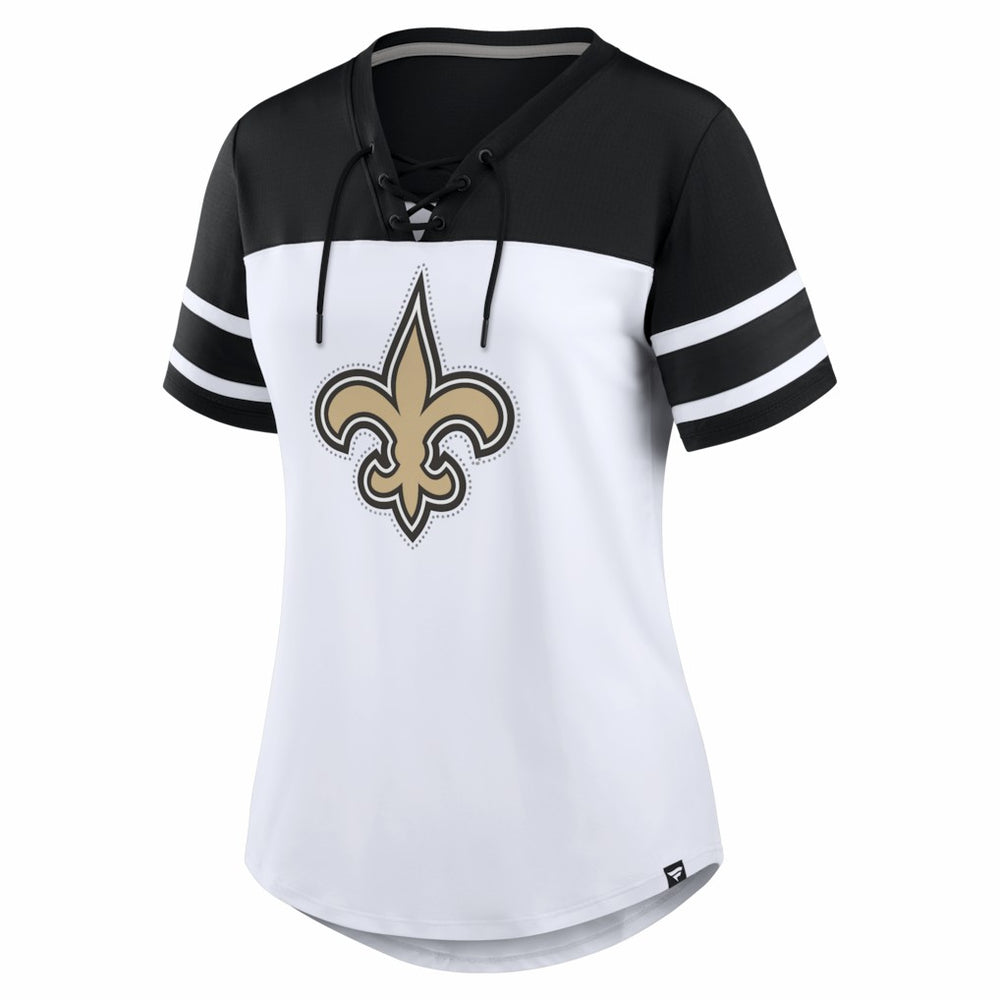 Fanatics New Orleans Saints Women's Athena Rhinestone Lace-Up V-Neck T-Shirt White/Black