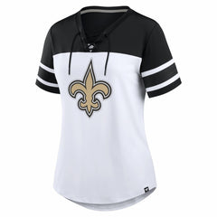 Fanatics New Orleans Saints Women's Athena Rhinestone Lace-Up V-Neck T-Shirt White/Black