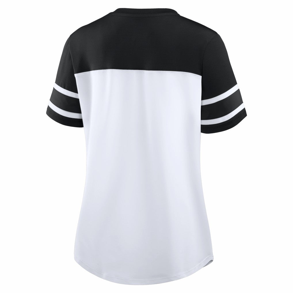 Fanatics New Orleans Saints Women's Athena Rhinestone Lace-Up V-Neck T-Shirt White/Black