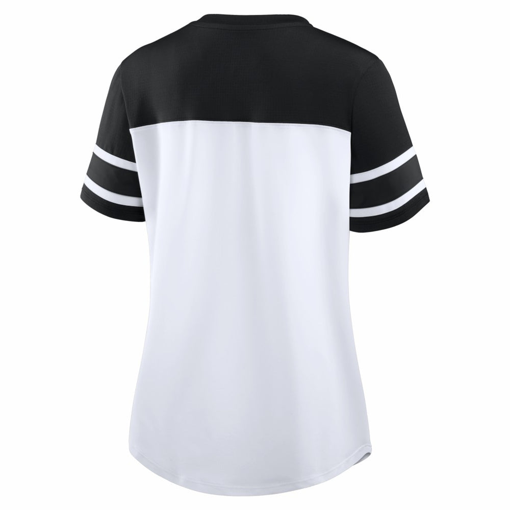 Fanatics New Orleans Saints Women's Athena Rhinestone Lace-Up V-Neck T-Shirt White/Black