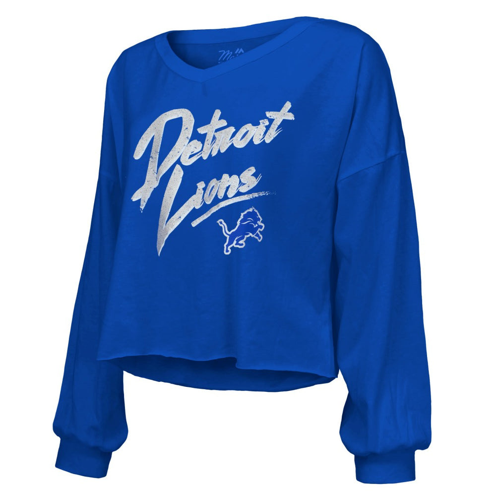 Amon-Ra St. Brown Detroit Lions Majestic Threads Women's Name & Number Off-Shoulder Script Cropped Long Sleeve Relaxed V-Neck T-Shirt Blue