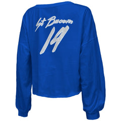 Amon-Ra St. Brown Detroit Lions Majestic Threads Women's Name & Number Off-Shoulder Script Cropped Long Sleeve Relaxed V-Neck T-Shirt Blue