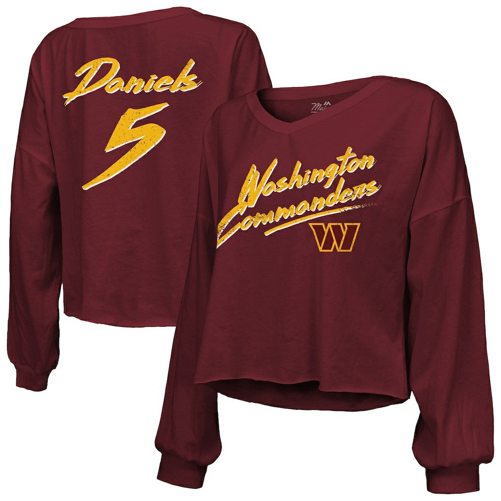 Jayden Daniels Washington Commanders Majestic Threads Women's Name & Number Off-Shoulder Script Cropped Long Sleeve Relaxed V-Neck T-Shirt Burgundy