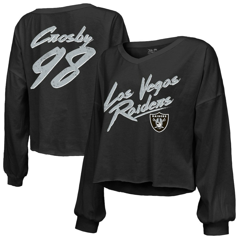 Maxx Crosby Las Vegas Raiders Majestic Threads Women's Name & Number Off-Shoulder Script Cropped Long Sleeve Relaxed V-Neck T-Shirt Black