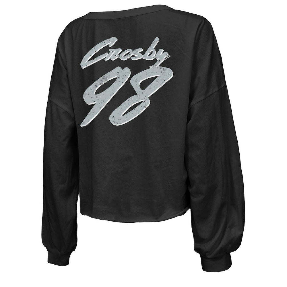 Maxx Crosby Las Vegas Raiders Majestic Threads Women's Name & Number Off-Shoulder Script Cropped Long Sleeve Relaxed V-Neck T-Shirt Black