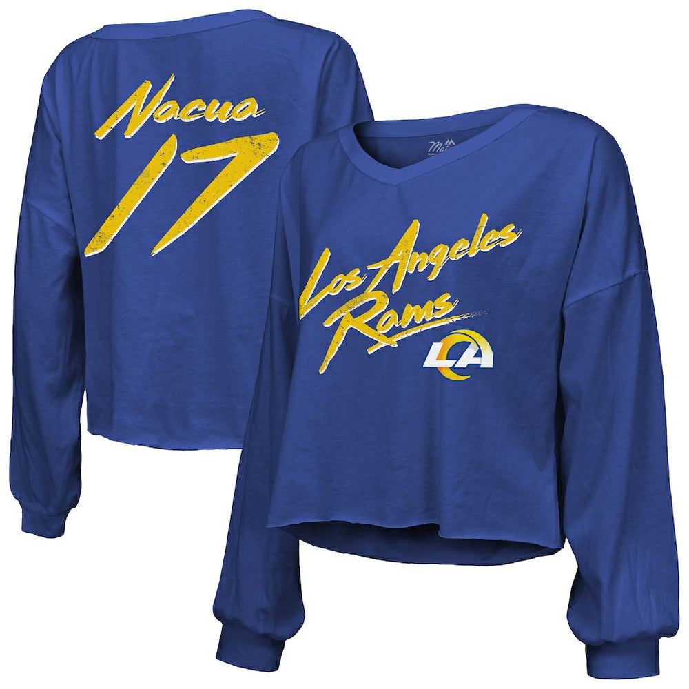 Puka Nacua Los Angeles Rams Majestic Threads Women's Off-Shoulder Script Player Name & Number Cropped Long Sleeve V-Neck T-Shirt Royal