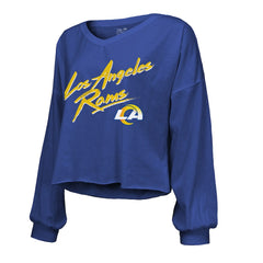 Puka Nacua Los Angeles Rams Majestic Threads Women's Off-Shoulder Script Player Name & Number Cropped Long Sleeve V-Neck T-Shirt Royal