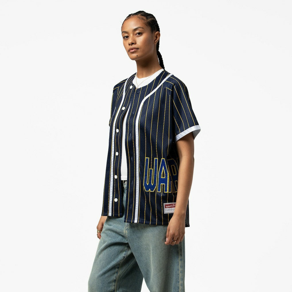 Golden State Warriors x DANNIJO Women's Fashion Baseball Jersey for sale Blue | Mitchell & Ness