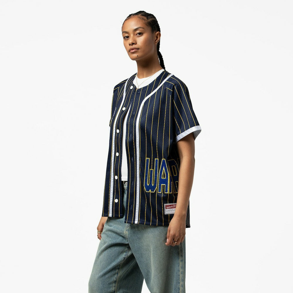Golden State Warriors x DANNIJO Women's Fashion Baseball Jersey for sale Blue | Mitchell & Ness