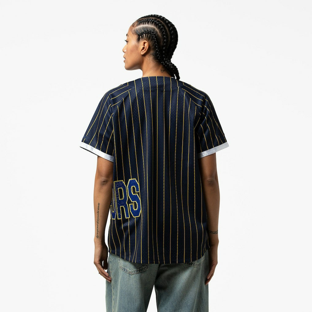Golden State Warriors x DANNIJO Women's Fashion Baseball Jersey for sale Blue | Mitchell & Ness