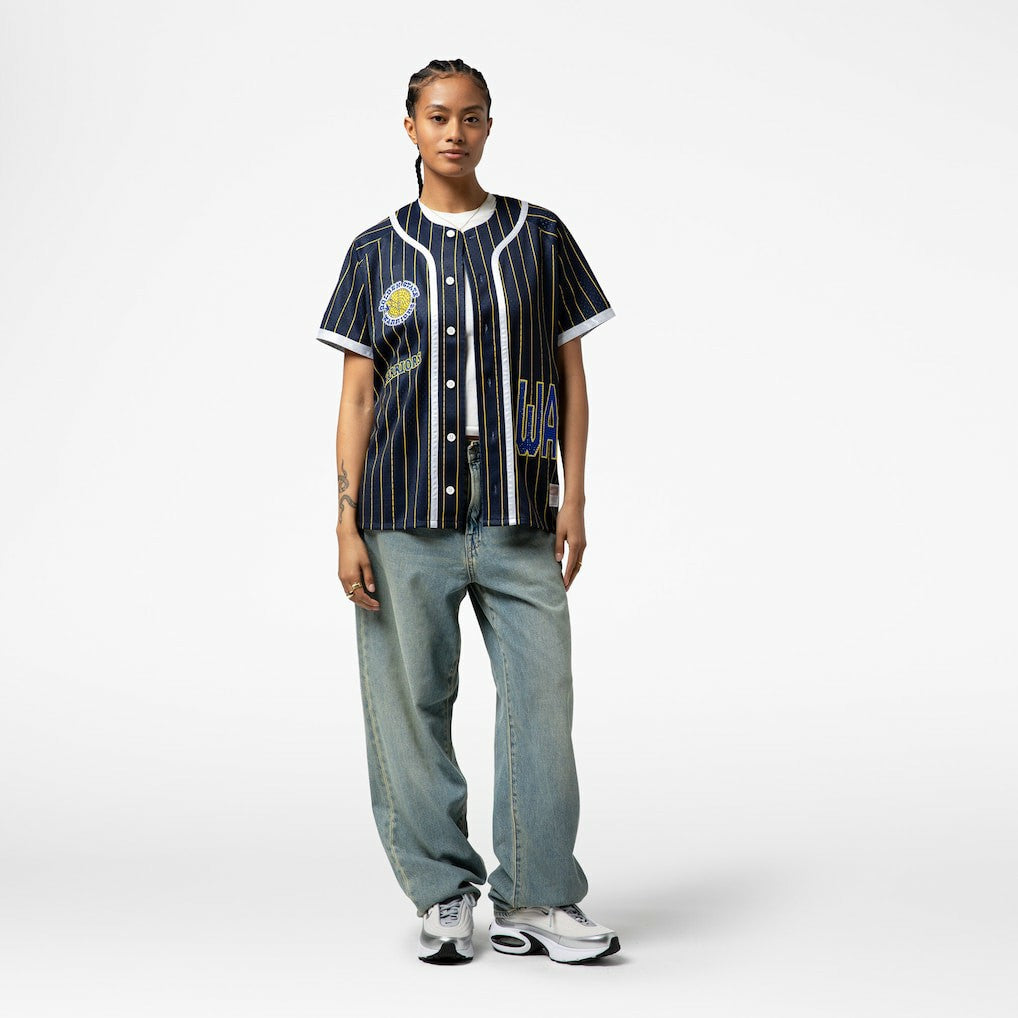 Golden State Warriors x DANNIJO Women's Fashion Baseball Jersey for sale Blue | Mitchell & Ness