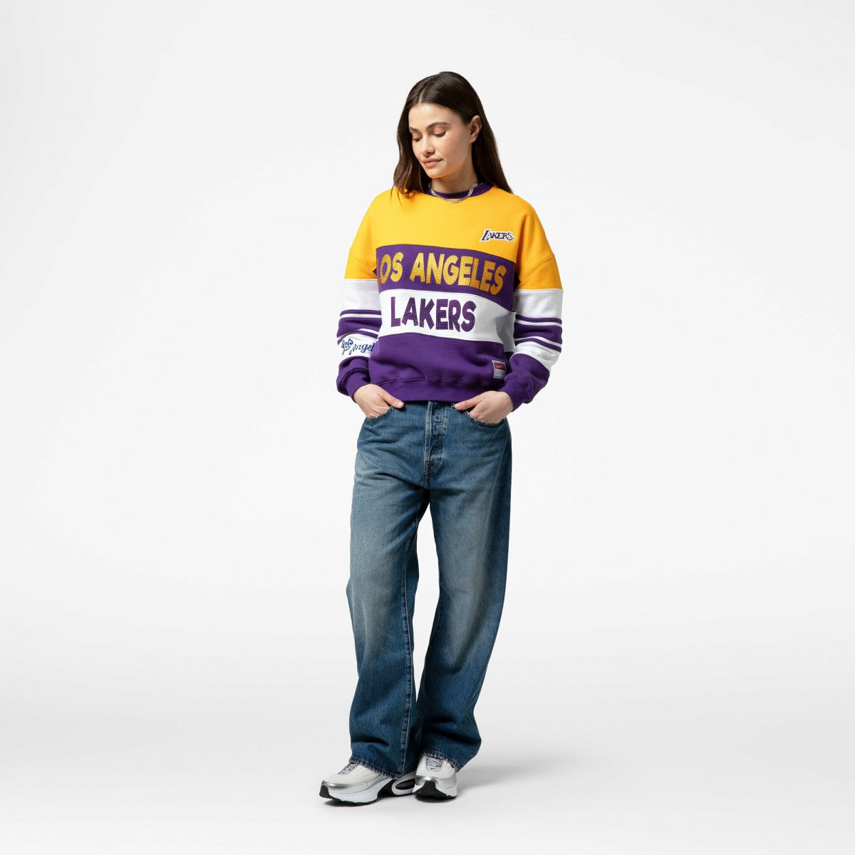 Los Angeles Lakers x DANNIJO Women's Blocked Pullover Sweatshirt Gold/Purple | Mitchell & Ness discount