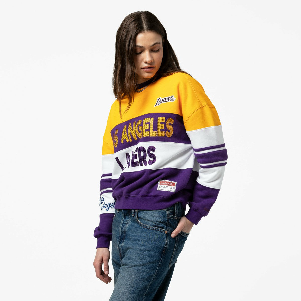 Los Angeles Lakers x DANNIJO Women's Blocked Pullover Sweatshirt Gold/Purple | Mitchell & Ness discount