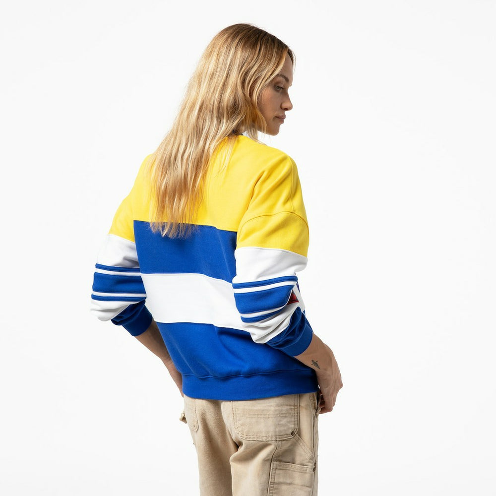Golden State Warriors x DANNIJO Women's Blocked Pullover Sweatshirt for sale Gold/Royal | Mitchell & Ness outlet