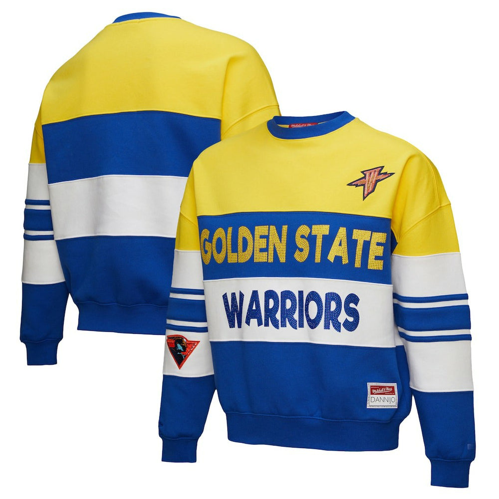 Golden State Warriors x DANNIJO Women's Blocked Pullover Sweatshirt for sale Gold/Royal | Mitchell & Ness outlet