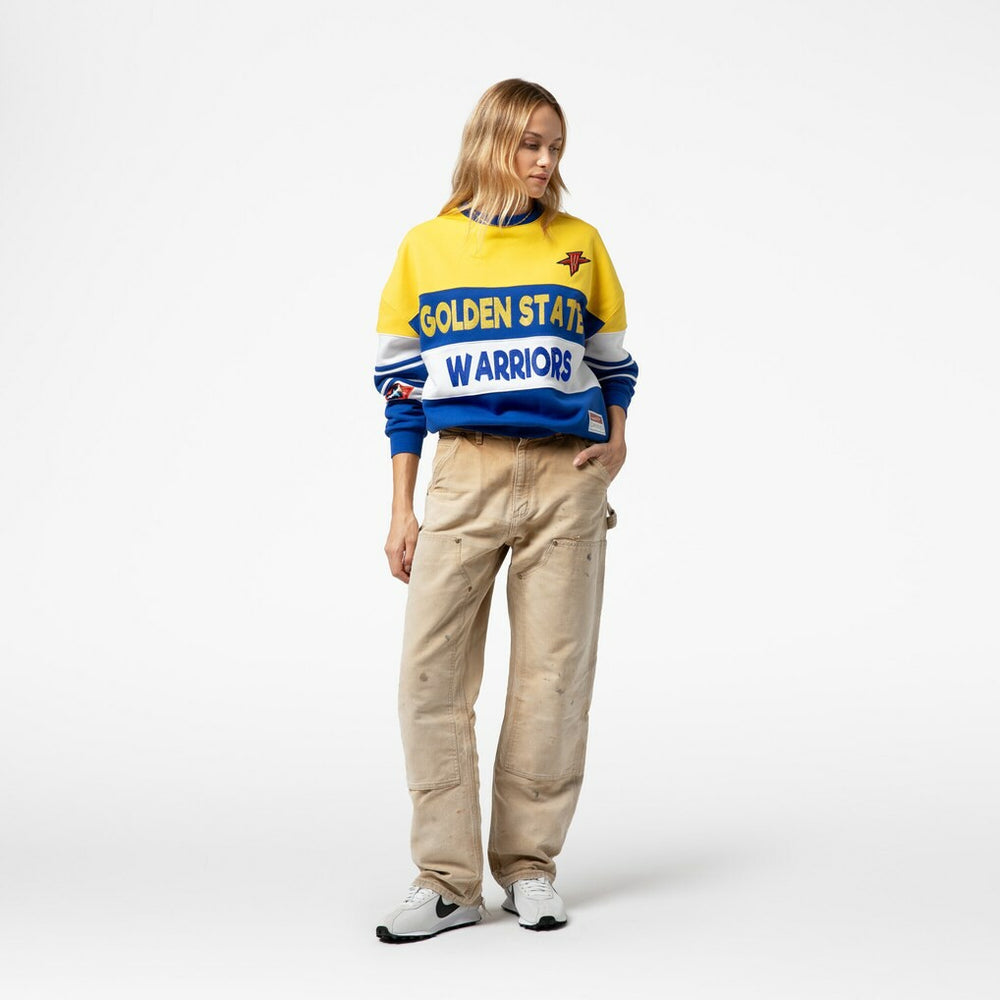 Golden State Warriors x DANNIJO Women's Blocked Pullover Sweatshirt for sale Gold/Royal | Mitchell & Ness outlet