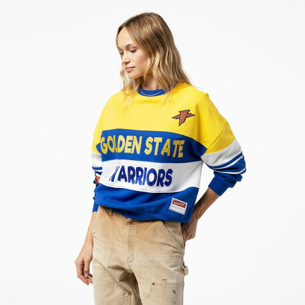 Golden State Warriors x DANNIJO Women's Blocked Pullover Sweatshirt for sale Gold/Royal | Mitchell & Ness outlet