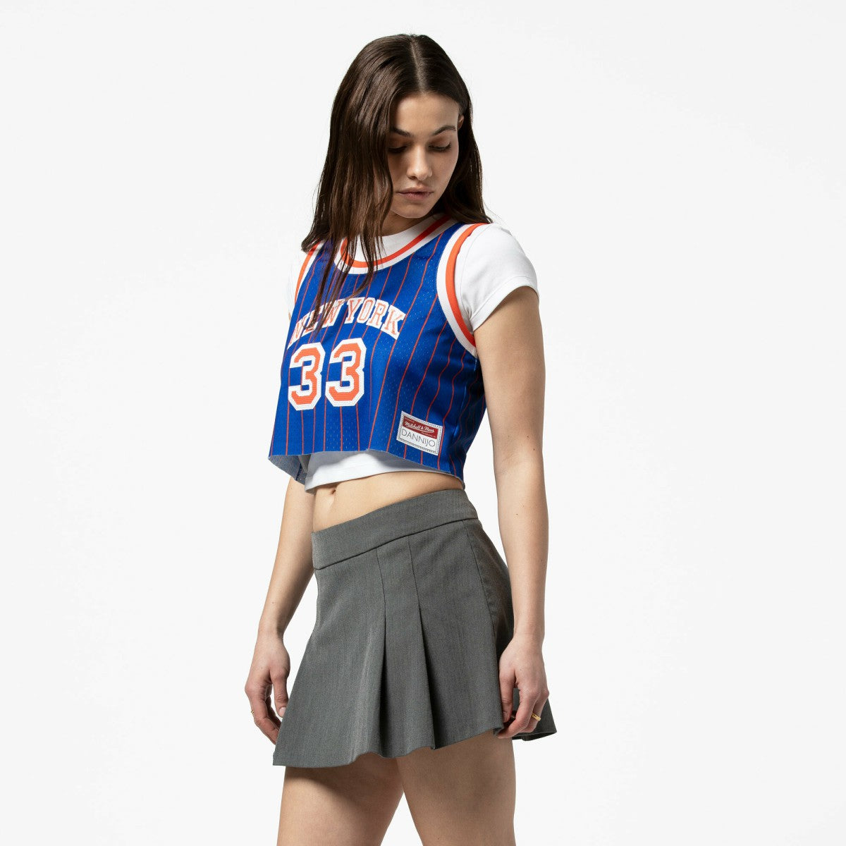 Patrick Ewing New York Knicks x DANNIJO Women's Fashion Cropped Basketball Jersey Royal | Mitchell & Ness for sale