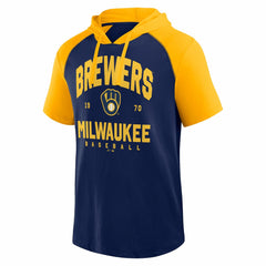 Milwaukee Brewers Logo Athletic Prime Raglan Short Sleeve Hoodie T-Shirt - Navy - MLB Sale