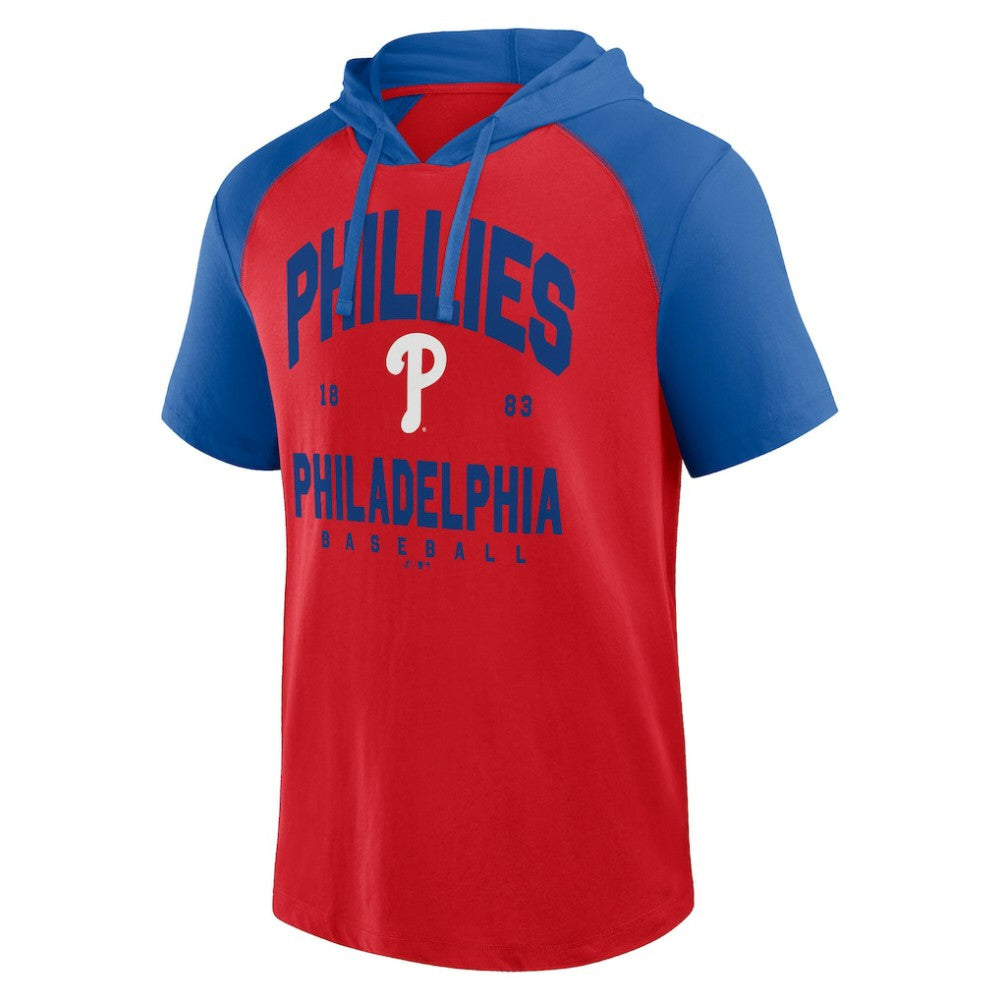 Philadelphia Phillies Logo Athletic Prime Raglan Short Sleeve Hoodie T-Shirt - Red - MLB Lifestyle