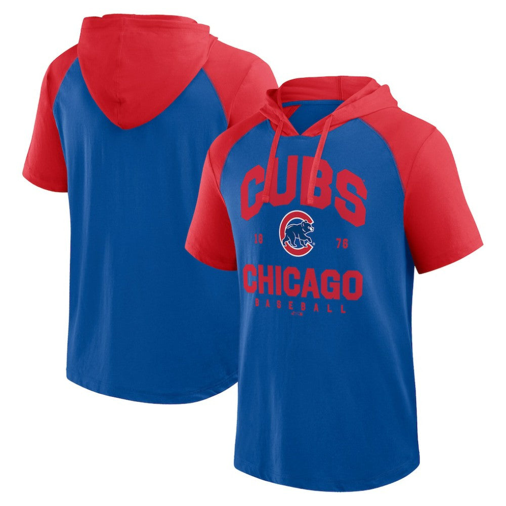 Chicago Cubs Logo Athletic Prime Raglan Short Sleeve Hoodie T-Shirt - Royal - MLB Lifestyle