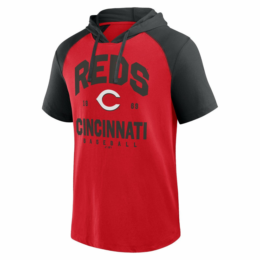Cincinnati Reds Logo Athletic Prime Raglan Short Sleeve Hoodie T-Shirt - Red - MLB Lifestyle