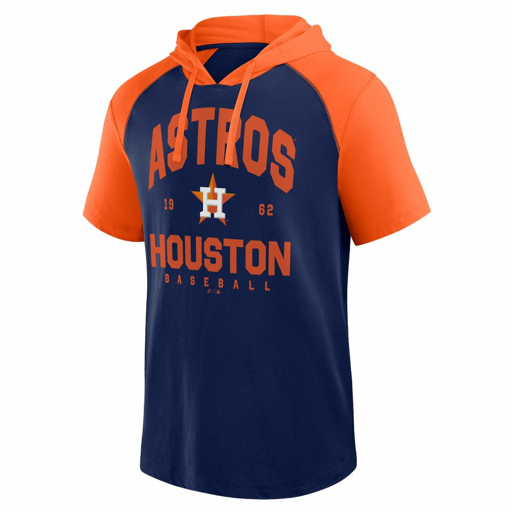 Houston Astros Logo Athletic Prime Raglan Short Sleeve Hoodie T-Shirt - Navy - MLB Discount