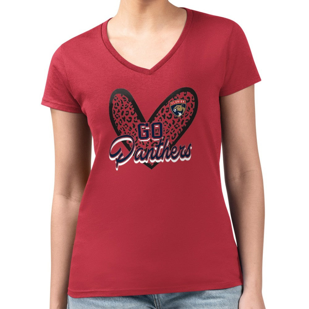 Florida Panthers G-III 4Her by Carl Banks Women's Super-Slim Fit Lightweight Animal Print Heart V-Neck T-Shirt - Red - NHL 202214222
