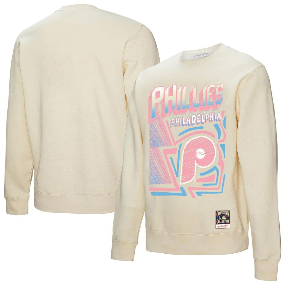 Philadelphia Phillies Mitchell & Ness Sidewalk Sketch Pullover Sweatshirt - Cream - Mitchell & Ness Discount