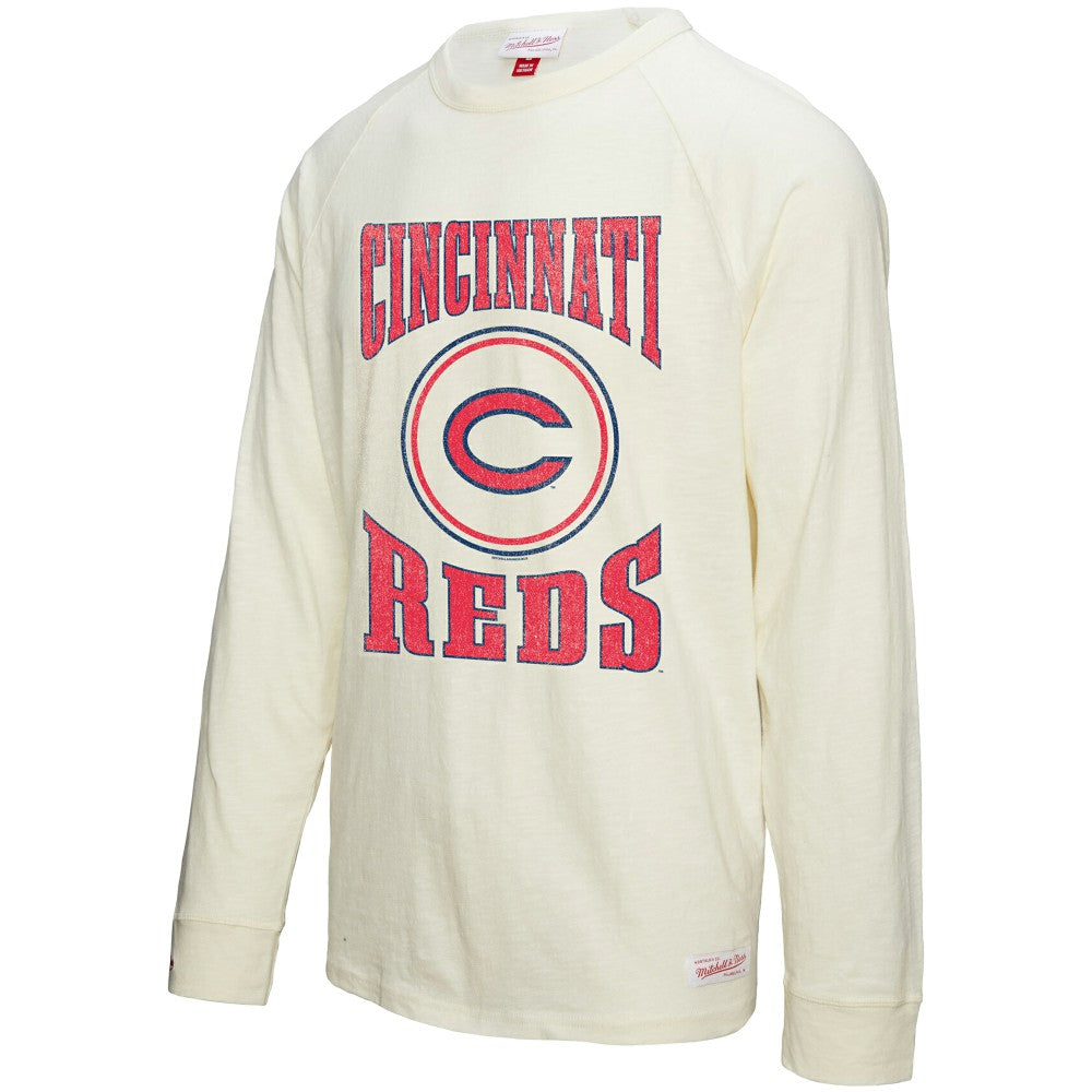 Cincinnati Reds Mitchell & Ness Arched Logo Slub Long Sleeve T-Shirt - Cream - Mitchell & Ness Sale