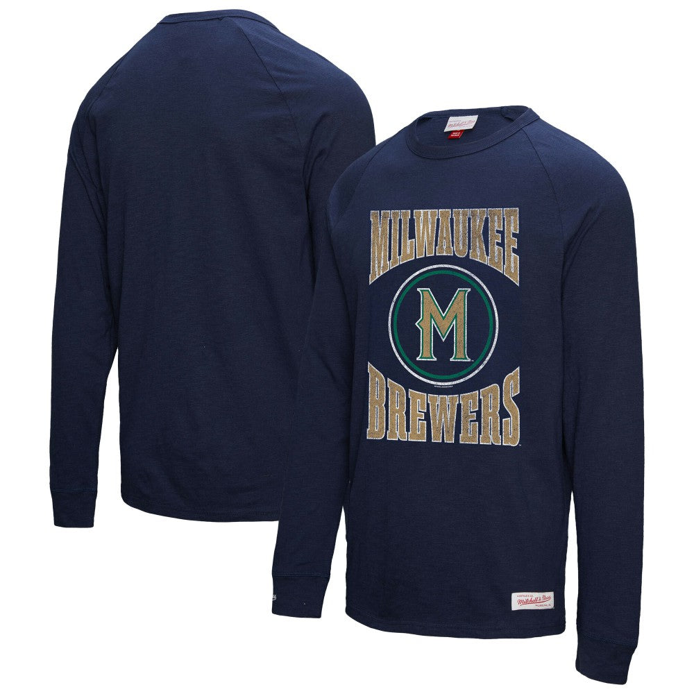 Milwaukee Brewers Mitchell & Ness Arched Logo Slub Long Sleeve T-Shirt - Navy - Mitchell & Ness Online