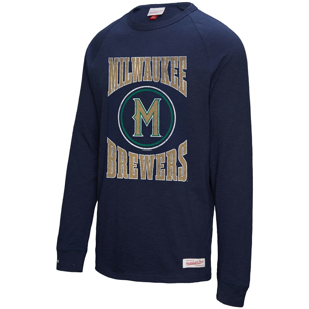 Milwaukee Brewers Mitchell & Ness Arched Logo Slub Long Sleeve T-Shirt - Navy - Mitchell & Ness Online