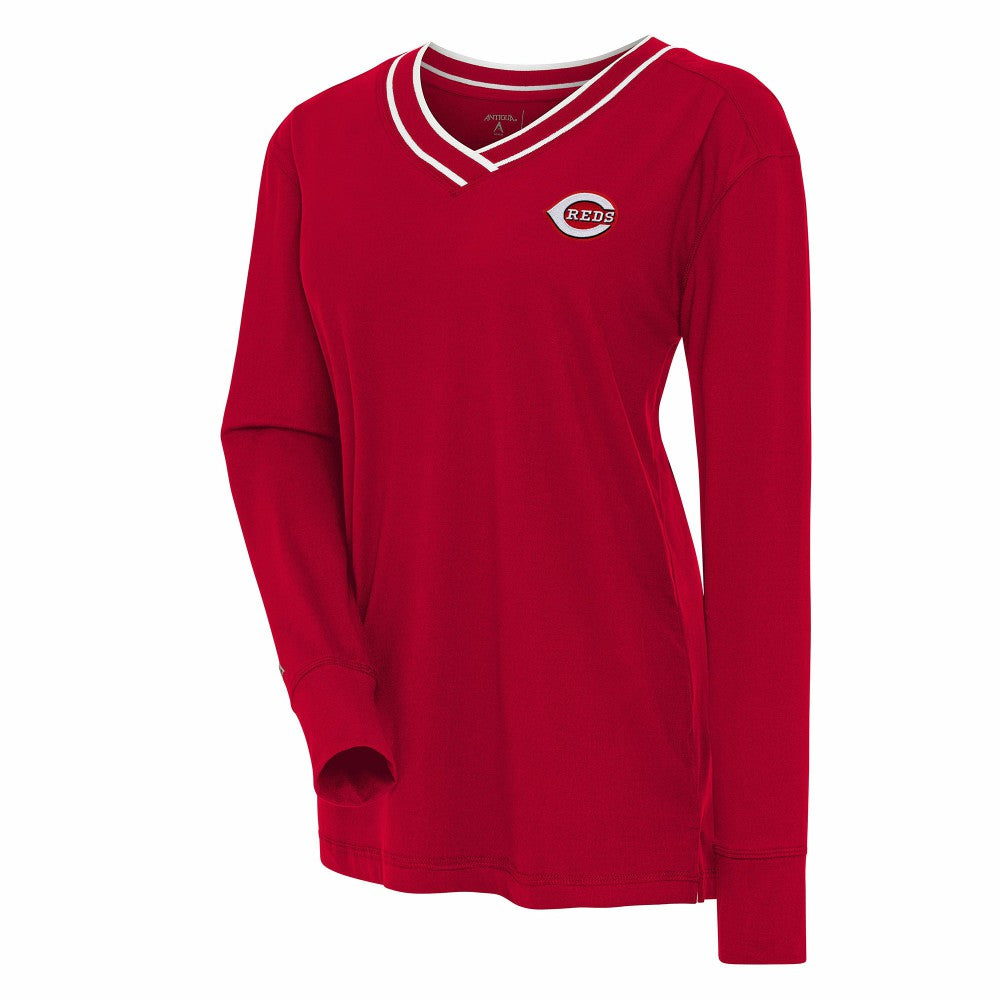 Cincinnati Reds Antigua Women's Symbolic Long Sleeve V-Neck Top - Red - MLB Discount