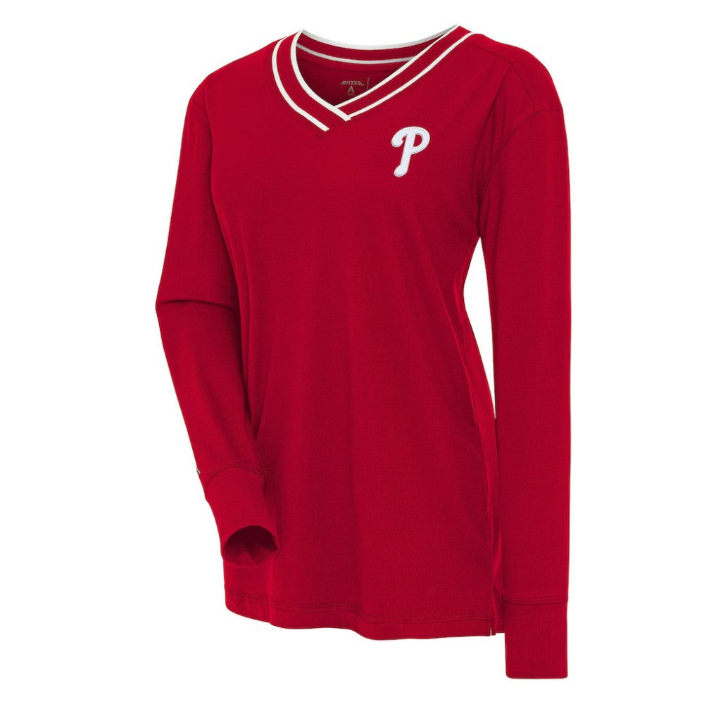 Philadelphia Phillies Antigua Women's Symbolic Long Sleeve V-Neck Top - Red - MLB Discount