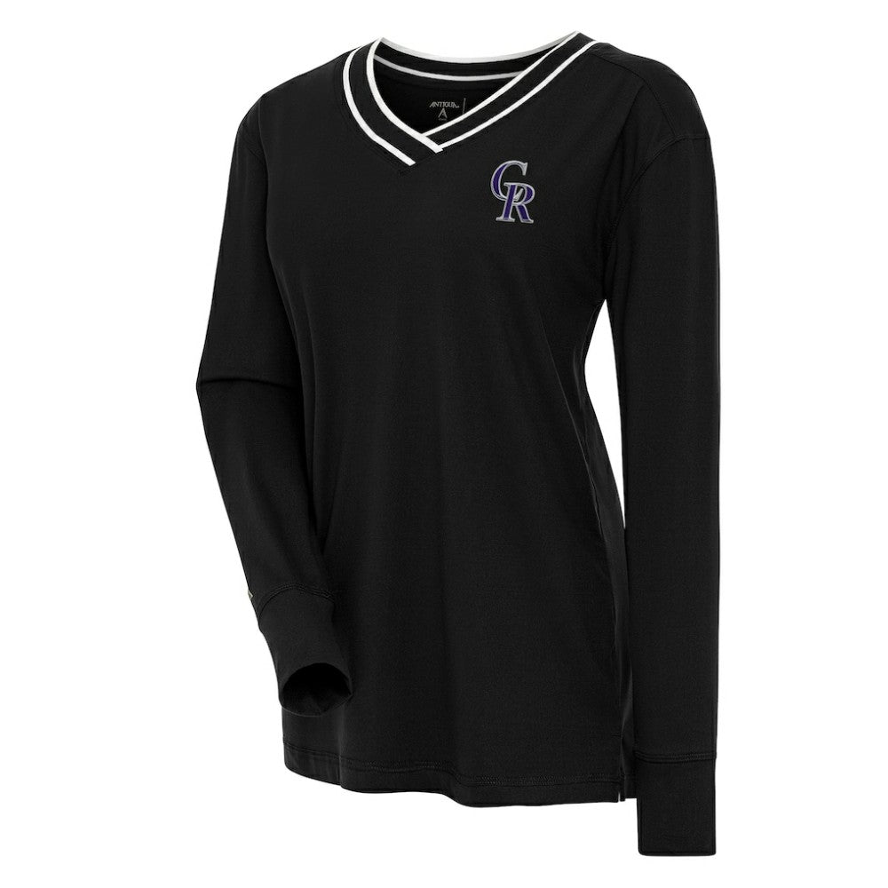 Colorado Rockies Antigua Women's Symbolic Long Sleeve V-Neck Top - Black - MLB Lifestyle