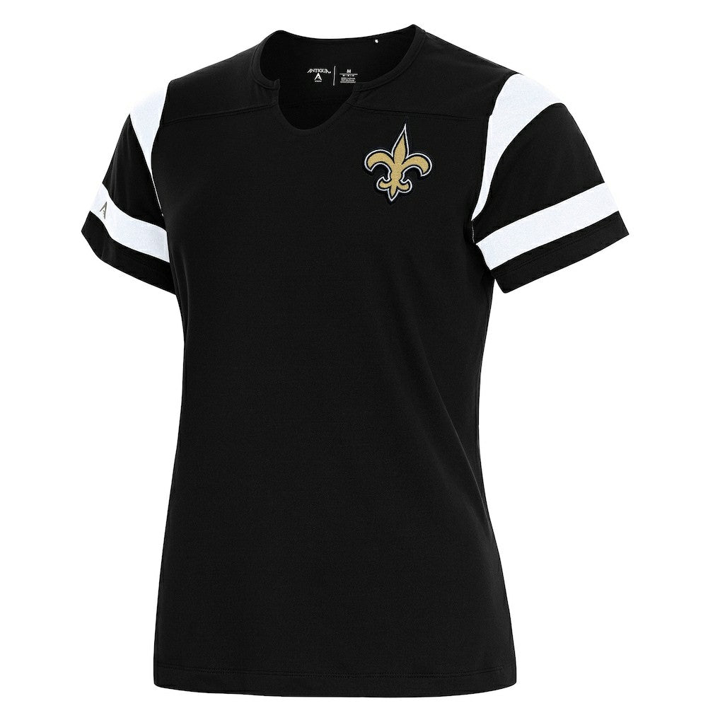 New Orleans Saints Antigua Women's Encounter Short Sleeve Notch Neck Top Black