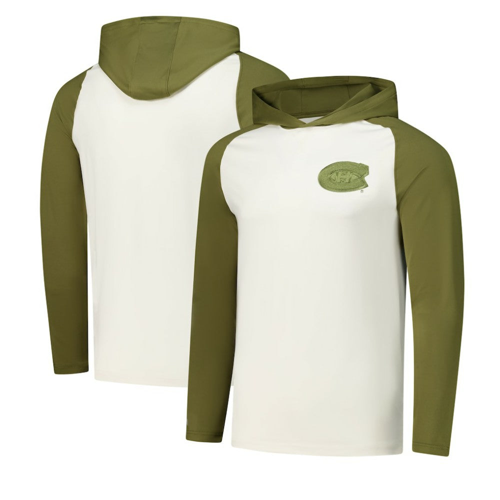 Montreal Canadiens Antigua Intrepid Sand Raglan Long Sleeve Hoodie T-Shirt - Cream/Olive - NHL 202253445
