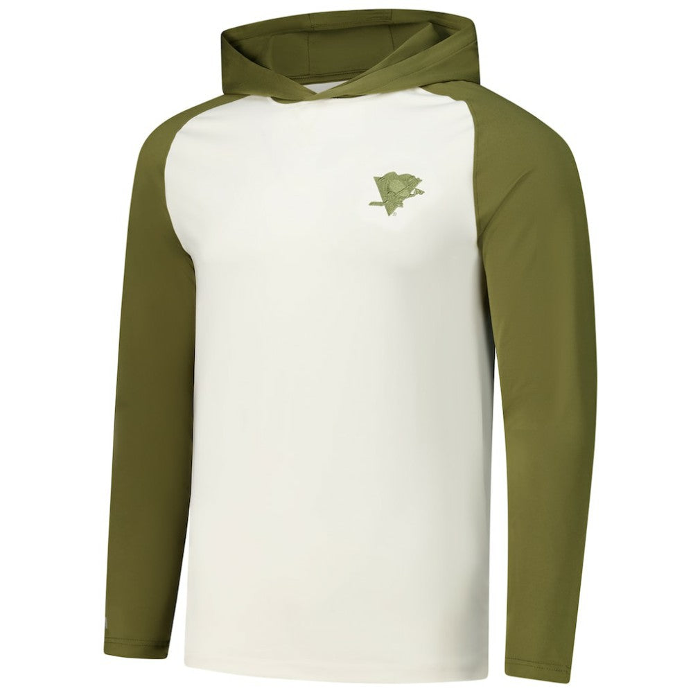 Pittsburgh Penguins Antigua Intrepid Sand Raglan Long Sleeve Hoodie T-Shirt - Cream/Olive - NHL 202253452